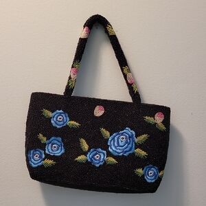 Black Beaded Shoulder Bag with Blue Rose Embroidery